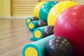 Colored balls and rollers for pilates classes Royalty Free Stock Photo