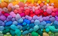 Colored balls and skiens of yarn for knitting. Top view. Rainbow colors. Color horizontal gradient. Royalty Free Stock Photo