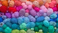 Colored balls and skiens of yarn for knitting. Top view. Rainbow colors. Color horizontal gradient. Royalty Free Stock Photo