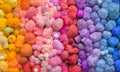 Colored balls and skiens of yarn for knitting. Top view. Rainbow colors. Color vertical gradient. Royalty Free Stock Photo