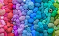 Colored balls and skiens of yarn for knitting. Top view. Rainbow colors. Color vertical gradient. Royalty Free Stock Photo