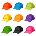 Colored baseball caps templates. Set of promotional and advertising clothes