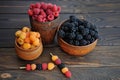 Colored berries of red, yellow and black raspberries or blackberries in earthenware on a  table Royalty Free Stock Photo