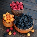 Colored berries of red, yellow and black raspberries or blackberries in earthenware Royalty Free Stock Photo