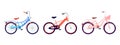 Colored bicycles isolated. Set of drawn bright pedal vehicles. Flat vector illustration of bikes for women and men of