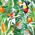 Colored birds. Palm leaves, tropical background, watercolor painting. Seamless pattern, jungle wallpaper Royalty Free Stock Photo