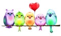 Colored birds sitting on branch with red heart balloon