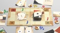 Colored board game field with chips, dice and cards mockup