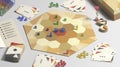 Colored board game field with chips, dice and cards mockup