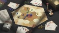 Colored board game field with chips, dice and cards mockup
