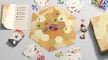 Colored board game field with chips, dice and cards mockup