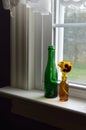 Colored bottles with flower