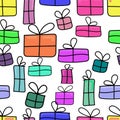 Colored boxes with gifts, birthday doodles, vector seamless pattern