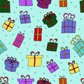 Colored boxes with gifts on a blue background, vector seamless pattern in doodle style