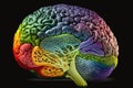 Colored brain containing and labeling vital vitamins for development. Generative ai