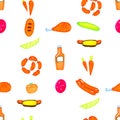 Colored bright hand drawn markers chiken, cucumber, hotdog, tomato, sausage seamless pattern