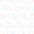 Colored bright sneakers shoes vector background seamless repeating pattern. Men and women sport footwear. Thin line style. Royalty Free Stock Photo