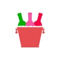 Colored bright wine bottles in a metal bucket and ice cubes. Vector illustration. Royalty Free Stock Photo