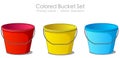 Colored bucket set. Primary colors red blue yellow tin gallon. Colorful bearer template. toy clipart. Illustration draw vector