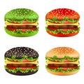 Colored burgers. Fast food black cheeseburger bread of different colors and ingredients meal beef tomato fries delicious