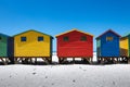 The colored cabins in Muizenberg beach near Cape Town, South africa, known for its wooden houses painted in vibrant colors