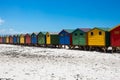 The colored cabins in Muizenberg beach near Cape Town, South africa, known for its wooden houses painted in vibrant colors