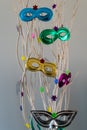 Colored carnival masks hanging from branches for decoration Royalty Free Stock Photo