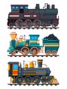 Colored cartoon pictures of retro trains