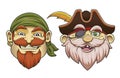 Colored cartoon sea pirate heads vector illustration set