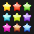 Colored cartoon stars. Shiny games crystal icons status symbols of gui vector items for mobile gaming