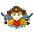 Colored vector illustration with young girl in sheriff hat and two revolvers in her hands.