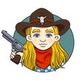 Rodeo girl in cowboy hat and revolver in her hand.