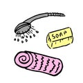 Colored cartoon towel, soap and shower head line icon isolated on white background, doodle vector illustration.