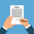 Colored Cartooned Hand Signing NDA. Contract Signed document. NDA concept. Secret files. Royalty Free Stock Photo