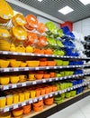 Colored ceramic tableware in a supermarket