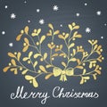 Colored chalk drawn illustration with branch of mistletoe, snowflakes and ''Merry Christmas'' text.