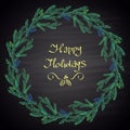 Colored chalk drawn illustration with Christmas tree wreath, cones and text.