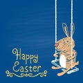 Colored chalk drawn illustration for Easter with rabbit on a swing and golden text. Happy Easter theme.