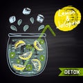 Colored chalk drawn illustration of jar with infused water. Lemon and jalapeno flavor. Detox and fitness theme. Healthy drink.