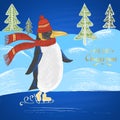 Colored chalk drawn illustration with skating penguin in a hat with scarf, ''Merry Christmas'' text, snowdrifts and Christmas tree