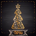 Colored chalk drawn illustration with yellow Christmas tree, dotted frame, ribbon and text '2016'.