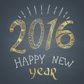 Colored chalk painted illustration with 2016, ''happy new year'' text and ornaments with golden elements