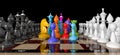 Colored chess. Colored chess in rainbow colors or LGBT communities stand on a chessboard between rows of white and black pieces