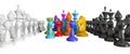 Colored chess. Colored chess in the colors of the rainbow or the LGBT community stands between rows of white and black pieces