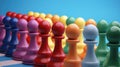 Colored chess pawns in a row on blue background. 3d illustration Generative AI Royalty Free Stock Photo