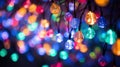 Colored Christmas lights. Bright neon Christmas garlands, close-up. Christmas Outdoor Vintage String Lights with Multicolor Bulbs