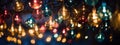 Colored Christmas lights. Bright neon Christmas garlands, close-up. Christmas Outdoor Vintage String Lights with Multicolor Bulbs