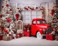 Colored Christmas red tematic truck christmas anniversary backdrop. Royalty Free Stock Photo