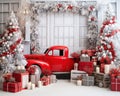 Colored Christmas red tematic truck christmas anniversary backdrop. Royalty Free Stock Photo