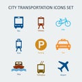 Colored City and public transportation icons set Royalty Free Stock Photo